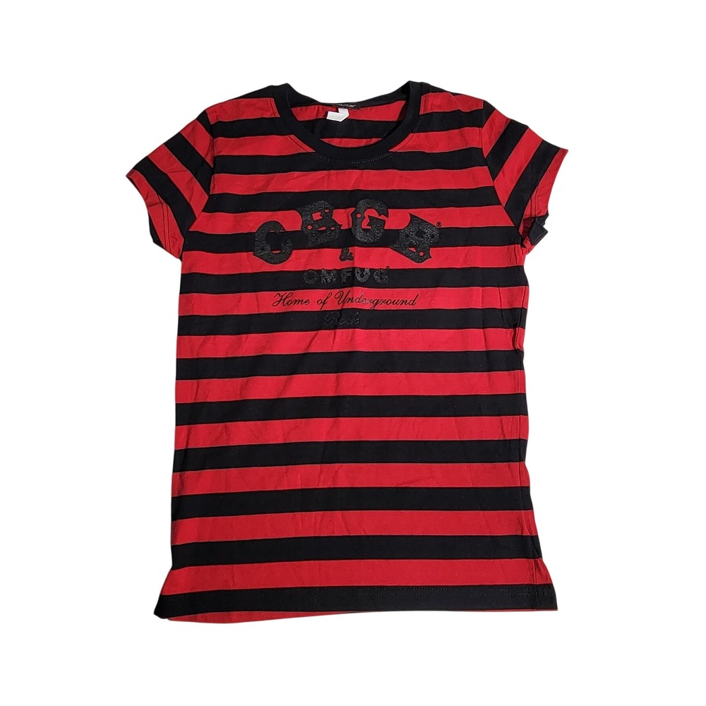 CBGB OMFUG Red Black Striped Punk Rock Graphic T-Shirt Small